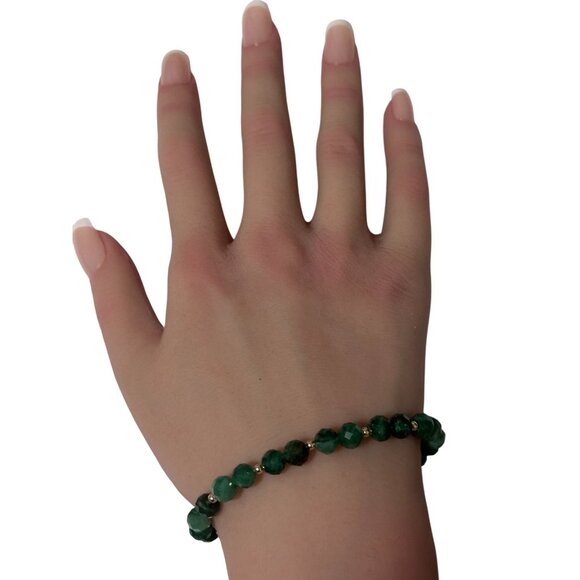 Emerald Micro Faceted Gemstone Beaded Stretch Bracelet 14K Gold Accent Beads - Picture 6 of 8